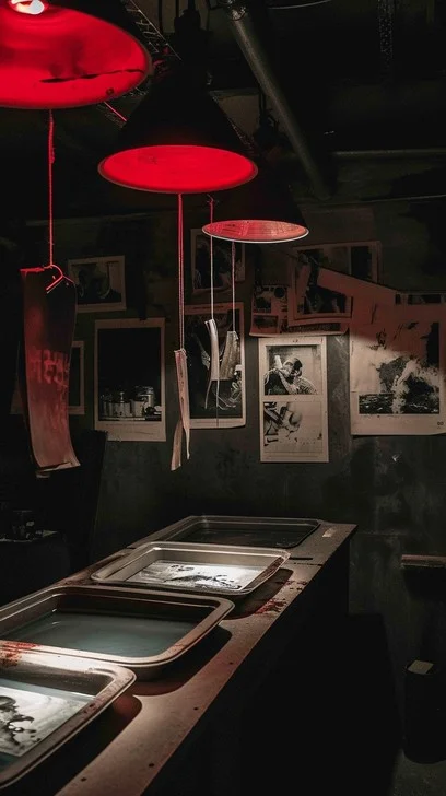 A photographic darkroom lit by red safelights, prints hanging to dry above developing trays