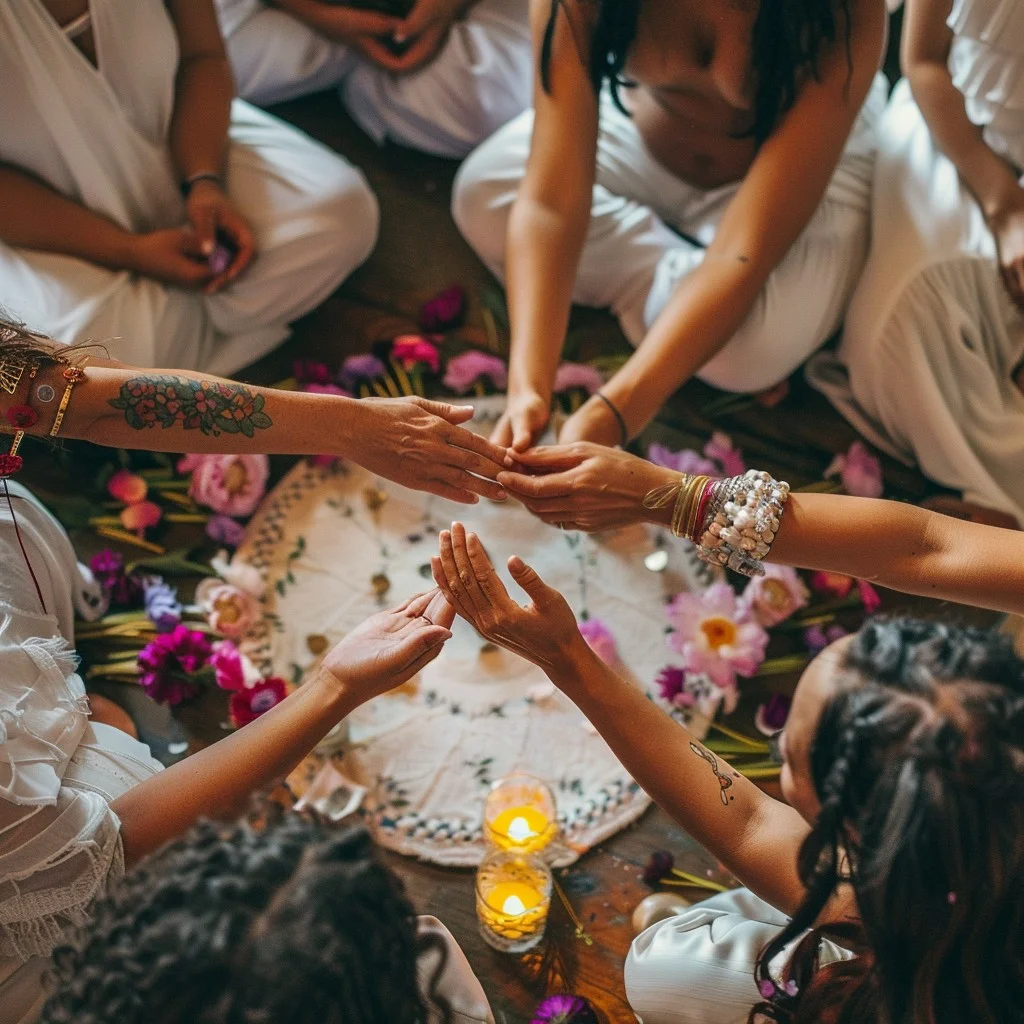 A group sitting in a circle on the floor around a mandala of flowers and candles, hands reaching toward the centre